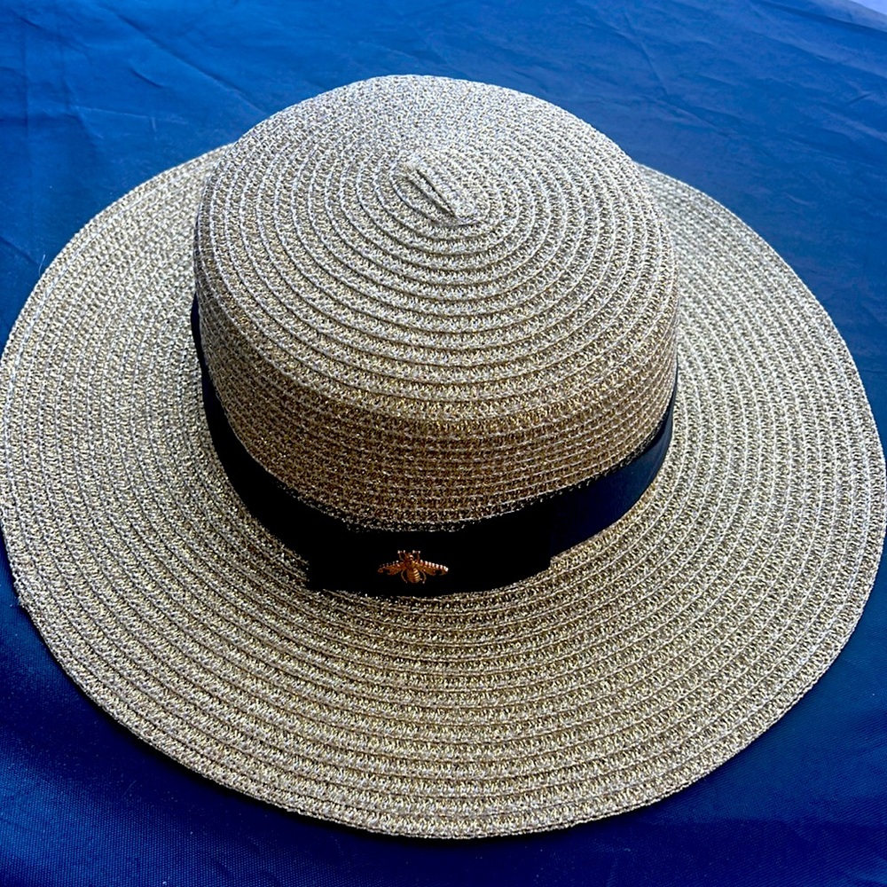 Gold woven bee black bow boater hat